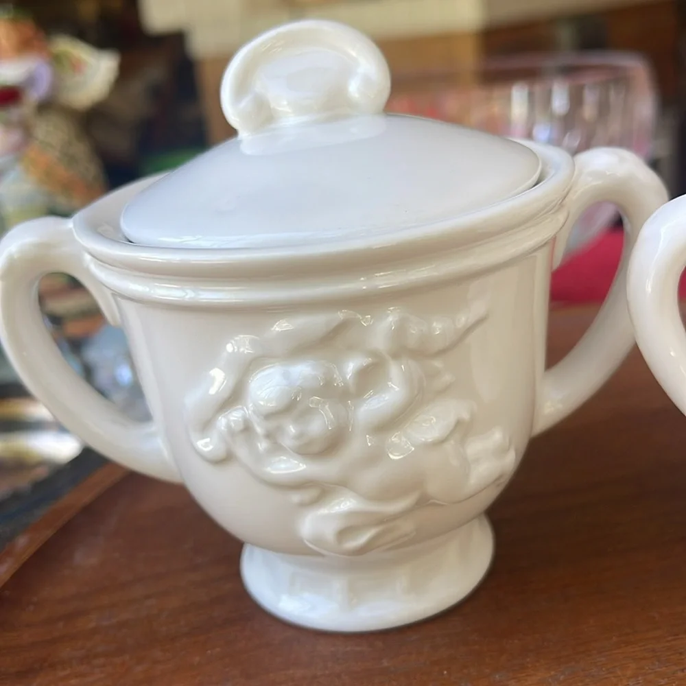 Rare Vintage White Cherub Sugar Bowl and Creamer Set